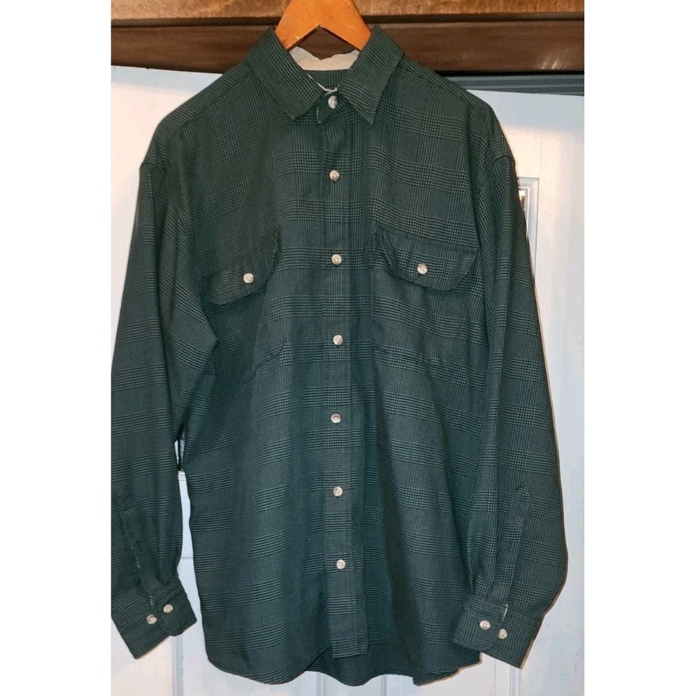 Vintage CABELA'S Green Houndstooth Plaid Heavy Polyester Guide Shirt Sz Large